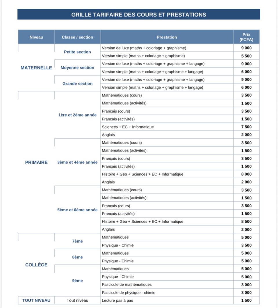 Grille tarifaire des cours et prestations Vision Futur Education